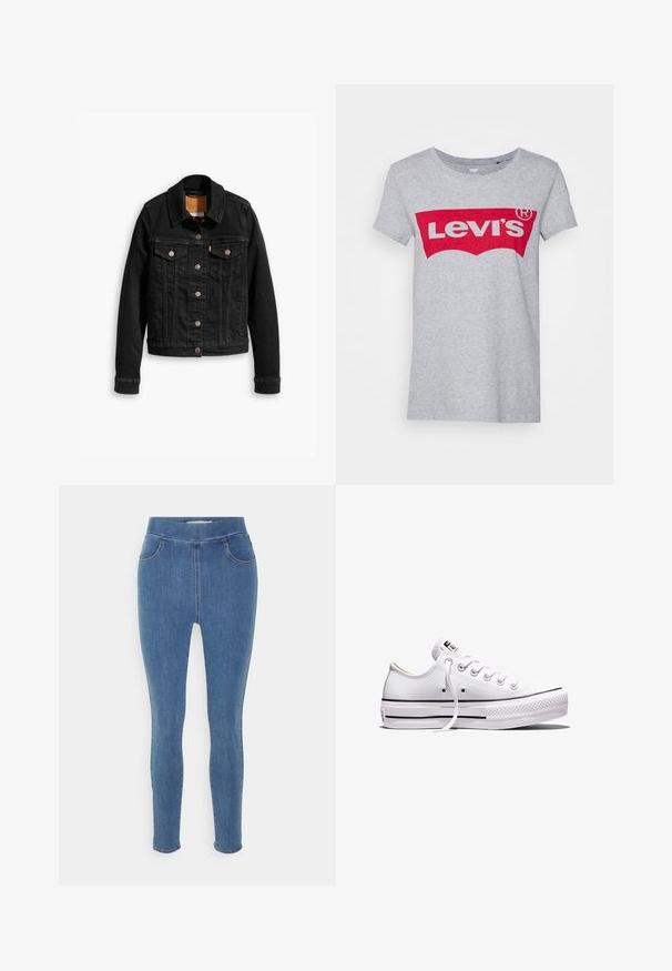 Sort denimjakke med to brystlommer, sølvknap-lukninger og klassisk krave. Glat tekstur med kontrasterende syningsdetaljer.; Grå bomulds t-shirt med et stort rødt Levi's-logo på tværs af brystet, med en klassisk rund halsudskæring og korte ærmer.; Blå denim jeggings med en glat tekstur, høj talje, fem-lomme design og tapered ben. Standard længde med en simpel kant.; Lavtop hvid lærredsneaker med hvide snørebånd, gummisål, sorte stribedetaljer og logo-patch på tungen og hælen.