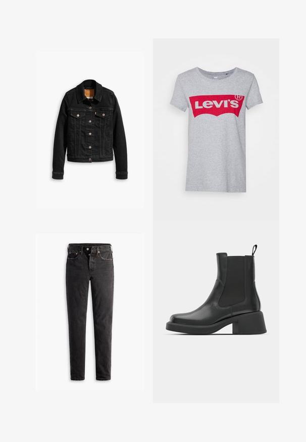Schwarze Jeansjacke mit zwei Brusttaschen, silbernen Knopfverschlüssen und einem klassischen Kragen. Glatte Textur mit kontrastierenden Nähten.; Grauer Baumwoll-T-Shirt mit einem großen roten Levi's-Logo über der Brust, klassischem Rundhals und kurzen Ärmeln.; Schwarze Jeans aus Denim mit geradem Bein, fünf Taschen, kupferfarbenen Beschlägen und einer leicht ausgebleichten Textur.; Schwarze Leder-Stiefeletten mit elastischen Seitenpanelen, abgerundetem Zehenbereich und einem klobigen Blockabsatz. Glatte Textur mit einem minimalistischen Design.