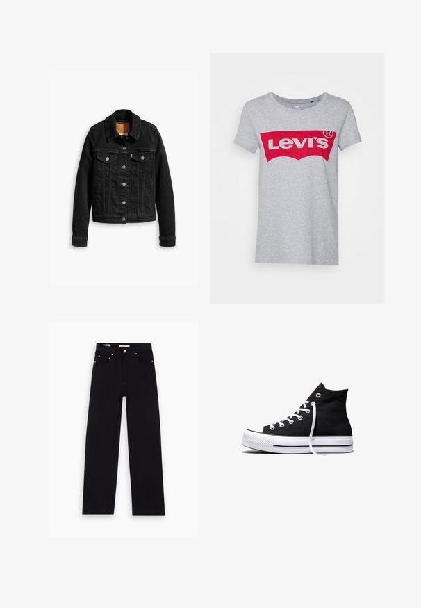 Zwarte denimjack met twee voorzakken op de borst, zilveren knoopsluitingen en een klassieke kraag. Soepele textuur met contrasterende stikdetails.; Grijze katoen t-shirt met een groot rood Levi's logo over de borst, met een klassieke ronde hals en korte mouwen.; Zwarte denim jeans met een recht model, vijf zakken, koperen hardware en een gladde textuur. Twee labels zichtbaar op de tailleband.; Zwarte hooggesloten canvas sneaker met witte rubberen zool en witte veters, zijwaarts weergegeven op een witte achtergrond.