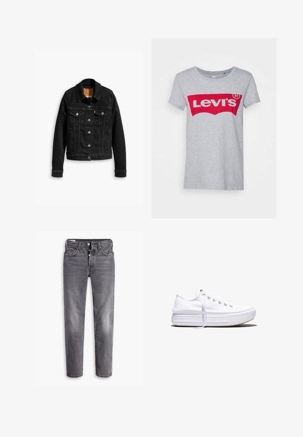 Zwarte denimjack met twee voorzakken op de borst, zilveren knoopsluitingen en een klassieke kraag. Soepele textuur met contrasterende stikdetails.; Grijze katoen t-shirt met een groot rood Levi's logo over de borst, met een klassieke ronde hals en korte mouwen.; Grijze denim jeans met een hoge taille. Voorzien van vijf zakken, een knoop- en ritssluiting, en een subtiele vervaagde textuur met contrasterende stiksels.; Witte lage canvas sneaker met dikke plateauzool, veters aan de voorkant en rubberen toeskap met structuur, zijaanzicht.