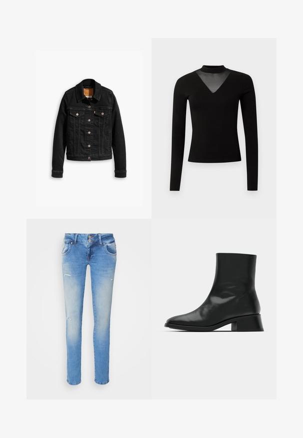 Chaqueta de denim negra con dos bolsillos en el pecho, cierres de botones plateados y un cuello clásico. Textura suave con detalles de costura en contraste.; Top negro de manga larga con cuello simulando un alto y un inserto de malla transparente en forma de V en el pecho. Tejido suave con una silueta ajustada.; Jeans de mezclilla azul con un ajuste ajustado, que presentan un ligero desgaste, dos bolsillos delanteros y detalles ligeramente desgastados cerca de las rodillas.; Botín negro de tobillo hecho de cuero brillante, con un diseño elegante, punta afilada y un tacón bloque moderado para mayor estabilidad.