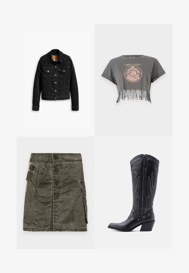Zwarte denimjack met twee voorzakken op de borst, zilveren knoopsluitingen en een klassieke kraag. Soepele textuur met contrasterende stikdetails.; Grijze cropped t-shirt met korte mouwen, voorzien van een leeuwengrafiek en de tekst "RACE TO WIN", afgewerkt met een franjerand. Zacht katoenmateriaal.; Olijfgroene rok met knopen aan de voorkant, gemaakt van gestructureerde stof, met een zijzak en stikdetails. Regular fit, knielange ontwerp.; Zwarte leren cowboylaarzen met een puntige neus, zichtbare stiksels, zilveren studaccenten en een ritssluiting aan de binnenkant.