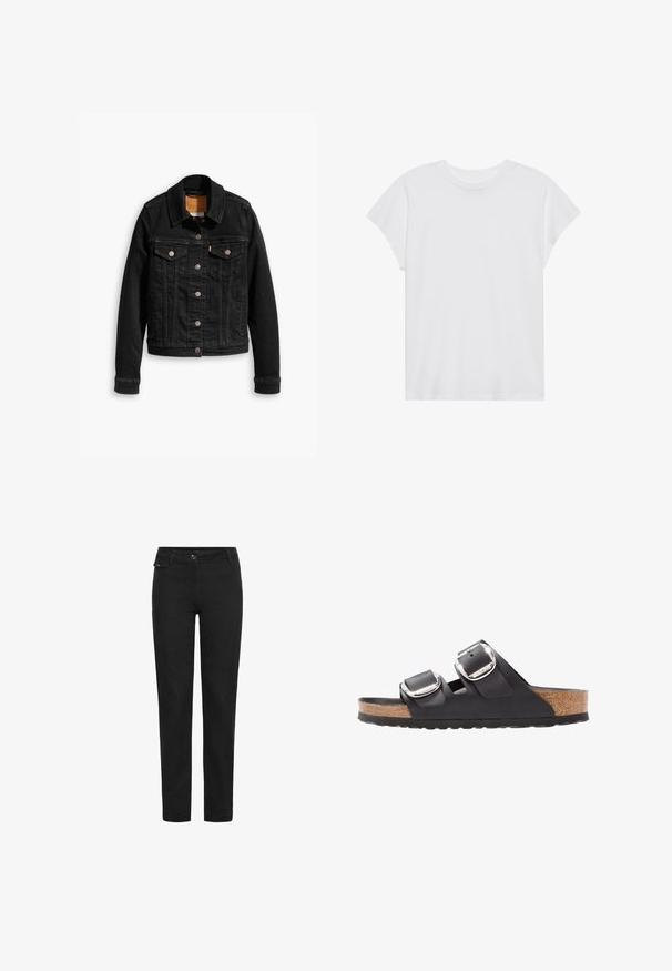 Sort denimjakke med to brystlommer, sølvknap-lukninger og klassisk krave. Glat tekstur med kontrasterende syningsdetaljer.; Hvid kortærmet t-shirt med rund hals, afslappet pasform, lavet af blødt bomuldsstof. Glat tekstur, ingen mønstre eller logoer.; Sorte lige bukser med knaplukning, bæltestropper og en lille klaplomme på højre side tæt på taljen.; Sort sandal med to justerbare remme, sølvspænder og en korksål på en struktureret sort gummisål.