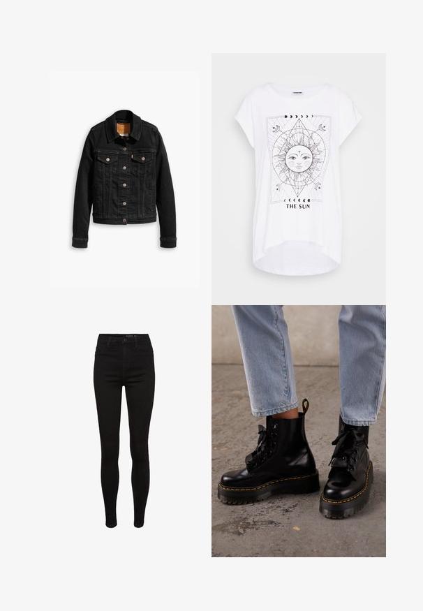 Veste en denim noir avec deux poches poitrine à l'avant, fermetures à boutons argentés et col classique. Texture lisse avec des détails de couture contrastants.; T-shirt blanc avec un design graphique noir d'un soleil et d'une lune, avec le texte "LE SOLEIL." Manches courtes et ourlet asymétrique.; Jean skinny en denim noir avec une taille haute, design à cinq poches, passants de ceinture et détails de couture subtils. Texture lisse, forme ajustée.; Personne portant un jean bleu clair et des bottes à plateforme en cuir noir lacées avec des coutures jaunes sur un sol en béton.