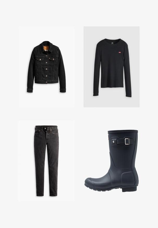 Sort denimjakke med to brystlommer, sølvknap-lukninger og klassisk krave. Glat tekstur med kontrasterende syningsdetaljer.; Sort langærmet skjorte lavet af bomuld, med rund hals og et lille rødt Levi's-logo på venstre brystområde. Struktureret stof.; Sorte denim jeans med lige ben, der har fem lommer, kobberhardware og en let slidte måde.; Sort gummistøvle med rund tå, struktureret sål og justerbar remdetalje. Glat overflade med mat finish.