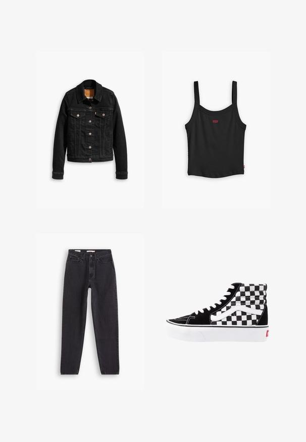 Sort denimjakke med to brystlommer, sølvknap-lukninger og klassisk krave. Glat tekstur med kontrasterende syningsdetaljer.; Sort ribbet tanktop med tynde stropper, med et lille rødt Levi's-logo i midten foran og en lige nederste kant.; Sorte denim jeans med lige ben-design, der har fem lommer, lukning med knap foran og syninger langs sømmene.; Sorte og hvide høje sneakers med ternet mønster, overdel i ruskind, kontrasterende hvide snørebånd og en hvid gummisål med rødt logo.