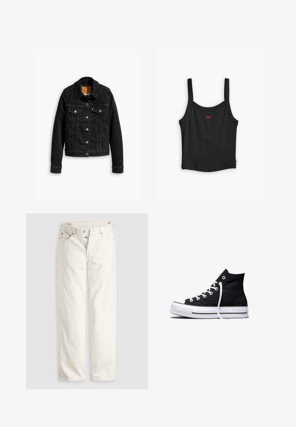 Sort denimjakke med to brystlommer, sølvknap-lukninger og klassisk krave. Glat tekstur med kontrasterende syningsdetaljer.; Sort ribbet tanktop med tynde stropper, med et lille rødt Levi's-logo i midten foran og en lige nederste kant.; Hvide jeans med høj talje, lige ben, knaplukning, lommer foran og bagpå samt synlige kobbernitter i lommekanterne.; Sort high-top canvas sneaker med hvid gummisål og hvide snørebånd, vist fra siden mod en hvid baggrund.