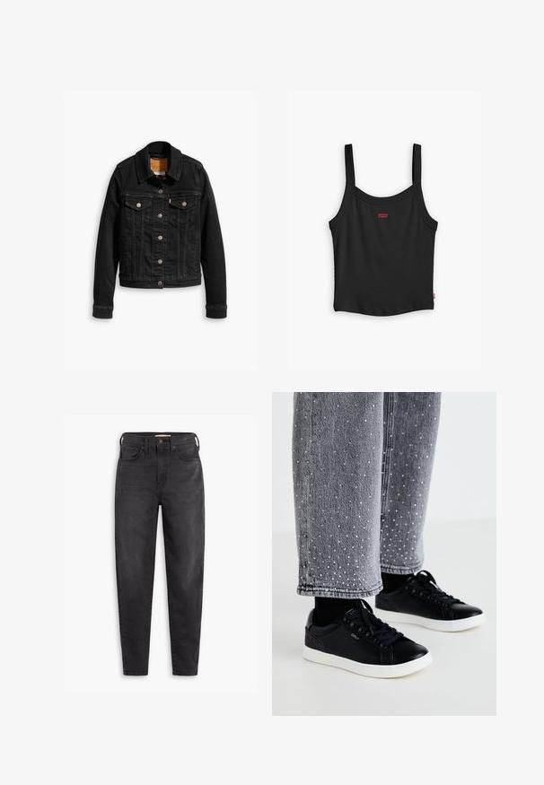 Zwarte denimjack met twee voorzakken op de borst, zilveren knoopsluitingen en een klassieke kraag. Soepele textuur met contrasterende stikdetails.; Zwarte geribbelde tanktop met dunne bandjes, voorzien van een klein rood Levi's-logo aan de voorkant en een rechte zoom.; Zwarte hoog-taille slim-fit jeans met voor- en achterzakken, knoopsluiting en riemlussen, weergegeven op een witte achtergrond.; Zwarte leren sneakers met witte rubberen zolen en textuuraccenten. Gecombineerd met grijze denim spijkerbroeken versierd met geborduurde zilveren stippen.