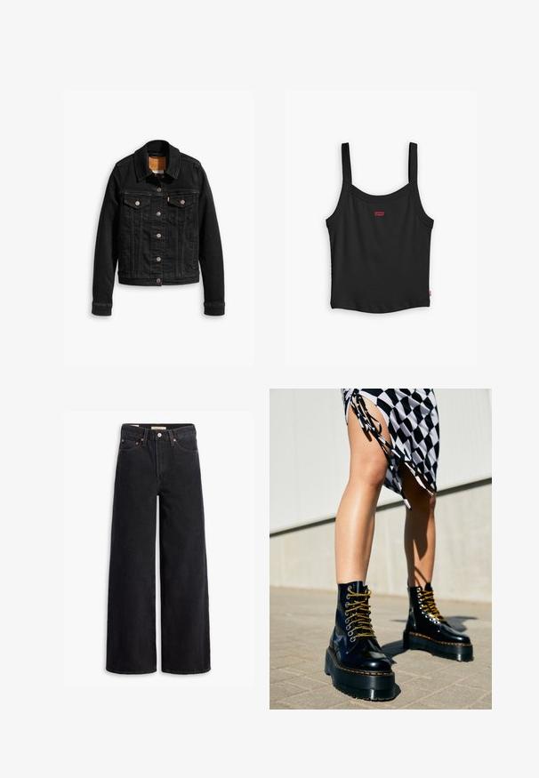 Sort denimjakke med to brystlommer, sølvknap-lukninger og klassisk krave. Glat tekstur med kontrasterende syningsdetaljer.; Sort ribbet tanktop med tynde stropper, med et lille rødt Levi's-logo i midten foran og en lige nederste kant.; Sorte brede benjeans lavet af denim, med fem lommer, kobbernitter og en klassisk knaplukning. Glat tekstur med et rent design.; Sorte læder platform støvler med chunky såler, guld snørebånd og orange syninger, kombineret med en ternet nederdel med en sideslids.