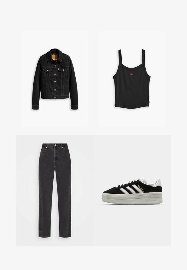 Schwarze Jeansjacke mit zwei Brusttaschen, silbernen Knopfverschlüssen und einem klassischen Kragen. Glatte Textur mit kontrastierenden Nähten.; Schwarzes geripptes Tanktop mit dünnen Trägern, das ein kleines rotes Levi's-Logo an der Vorderseite und einen geraden Saum aufweist.; Schwarze Denim-Jeans mit geradem Bein, hoher Taille, vorderem Knopf und Reißverschluss sowie fünf Taschen auf weißem Hintergrund.; Schwarze Wildleder-Sneaker mit weißen Lederakzenten, drei weißen Streifen, flachen Schnürsenkeln und einer dicken grauen Plateausohle. Goldenes "Gazelle"-Branding.