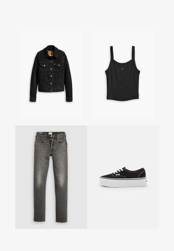 Schwarze Jeansjacke mit zwei Brusttaschen, silbernen Knopfverschlüssen und einem klassischen Kragen. Glatte Textur mit kontrastierenden Nähten.; Schwarzes geripptes Tanktop mit dünnen Trägern, das ein kleines rotes Levi's-Logo an der Vorderseite und einen geraden Saum aufweist.; Graue Jeans aus Denim mit geradem Bein, mit beschädigter Textur, subtilen Verwaschungen, kupfernen Nieten und einem klassischen Knopfverschluss.; Schwarze Leinensneaker mit einer weißen Gummiplattformsohle, weißen Schnürsenkeln und Nähten, ikonischer Markenaufdruck an der Seite, im Low-Top-Design.