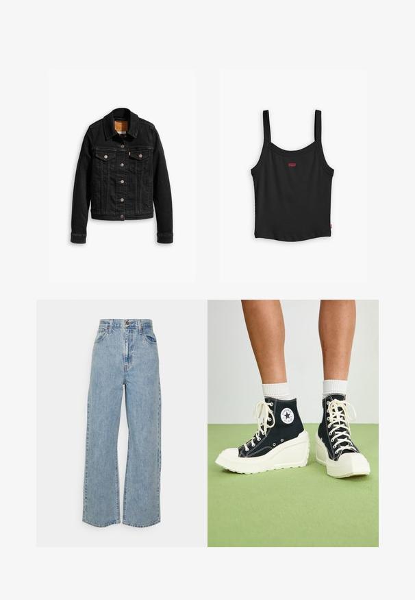 Sort denimjakke med to brystlommer, sølvknap-lukninger og klassisk krave. Glat tekstur med kontrasterende syningsdetaljer.; Sort ribbet tanktop med tynde stropper, med et lille rødt Levi's-logo i midten foran og en lige nederste kant.; Lyseblå vidde denimjeans med høj talje, frontknap, lynlås og femlomme-design på ensfarvet baggrund.; Sorte højtop sneakers med en hævet hvid platform sål, der har hvide snørebånd og en rund logo lap på siden. Tekstureret canvas materiale.