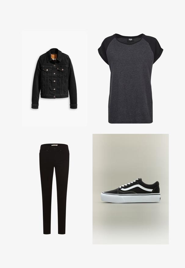 Schwarze Jeansjacke mit zwei Brusttaschen, silbernen Knopfverschlüssen und einem klassischen Kragen. Glatte Textur mit kontrastierenden Nähten.; Schwarzes und dunkelgraues Kurzarm-T-Shirt mit Rundhalsausschnitt und Raglanärmeln. Hergestellt aus weichem, strukturiertem Stoff. Lässiger Schnitt.; Schwarze Skinny-Jeans aus Stretchstoff, mit einem klassischen Fünf-Taschen-Design, Knopfverschluss und Gürtelschlaufen. Durchgehend glatte Textur.; Niedriger schwarzer Sneaker mit weißem Seitenstreifen, weißen Schnürsenkeln, weißer Gummisohle und strukturierter Zehenkappe auf neutralem Hintergrund.