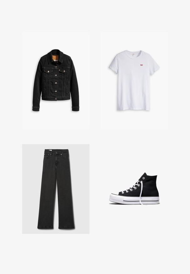 Zwarte denimjack met twee voorzakken op de borst, zilveren knoopsluitingen en een klassieke kraag. Soepele textuur met contrasterende stikdetails.; Witte katoenen t-shirt met korte mouwen en een ronde hals. Bevat een klein rood Levi's-logo op de linkerborst.; Zwarte high-waisted straight-leg jeans met vijf zakken en koperen klinknagels, plat gelegd op een lichtgrijze achtergrond.; Zwarte hooggesloten canvas sneaker met witte rubberen zool en witte veters, zijwaarts weergegeven op een witte achtergrond.