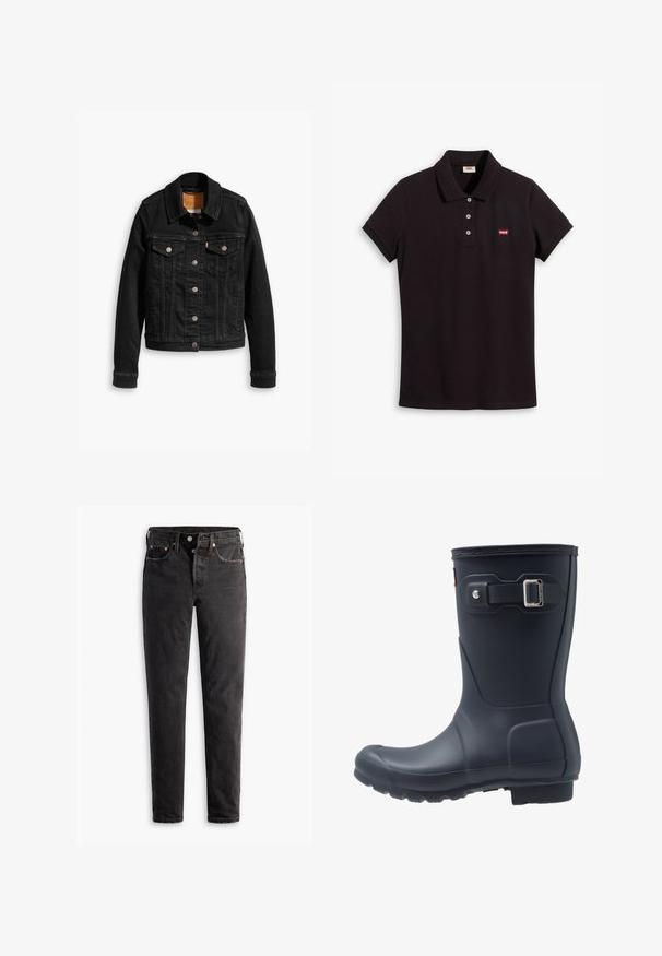 Zwarte denimjack met twee voorzakken op de borst, zilveren knoopsluitingen en een klassieke kraag. Soepele textuur met contrasterende stikdetails.; Zwart polo shirt van katoen, met kraag, korte mouwen en een drieknoopsluiting. Rode Levi's logo op de linkerv chest.; Zwarte denim jeans met een rechte pijp, voorzien van vijf zakken, koperen hardware en een licht vervaagde textuur.; Zwarte rubberen regenlaars met een ronde neus, textuurzool en verstelbaar riempje. Gladde oppervlakte met een matte afwerking.