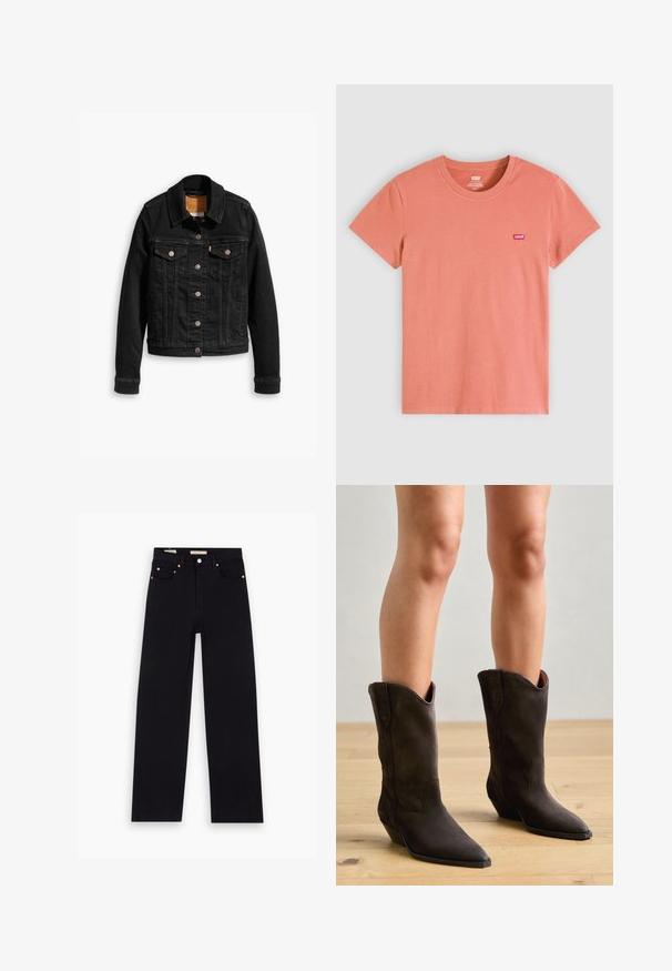 Sort denimjakke med to brystlommer, sølvknap-lukninger og klassisk krave. Glat tekstur med kontrasterende syningsdetaljer.; Solid koralfarvet t-shirt med korte ærmer og rund halsudskæring med lille rødt Levi's-logo på venstre bryst.; Sorte denim jeans med lige pasform, fem lommer, kobberdetaljer og en glat tekstur. To mærker synlige på taljebåndet.; Pavement NIKKI - Cowboy- / bikerstøvler - brown