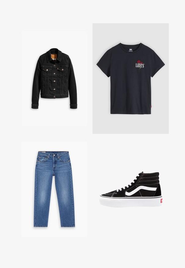 Sort denimjakke med to brystlommer, sølvknap-lukninger og klassisk krave. Glat tekstur med kontrasterende syningsdetaljer.; Sort T-shirt med korte ærmer og rund halsudskæring, med hvid tekst ""LEVI'S"" og to røde roser broderet på venstre bryst.; Blå højtaljede lige ben jeans med frontknap, lynlås og fem-lomme design, vist fladt på en hvid baggrund.; Sorte høj-top sneakers med hvide snørebånd, et hvidt logo og kontrasterende hvid syning. Har en tyk hvid sål og struktureret ruskindsoverdel.