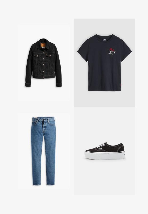 Zwarte denimjack met twee voorzakken op de borst, zilveren knoopsluitingen en een klassieke kraag. Soepele textuur met contrasterende stikdetails.; Zwarte T-shirt met korte mouwen en een ronde hals, met witte tekst ""LEVI'S"" en twee rode rozen geborduurd op de linkerborst.; Lichtblauwe spijkerbroek met een rechte snit, vijf zakken en een standaard knoopsluiting. Heeft oranje stiksels en een licht vervaagde textuur.; Zwarte canvas sneaker met een witte rubberen platformzool, voorzien van witte veters en stiksels, iconische branding op de zijkant, low-top ontwerp.