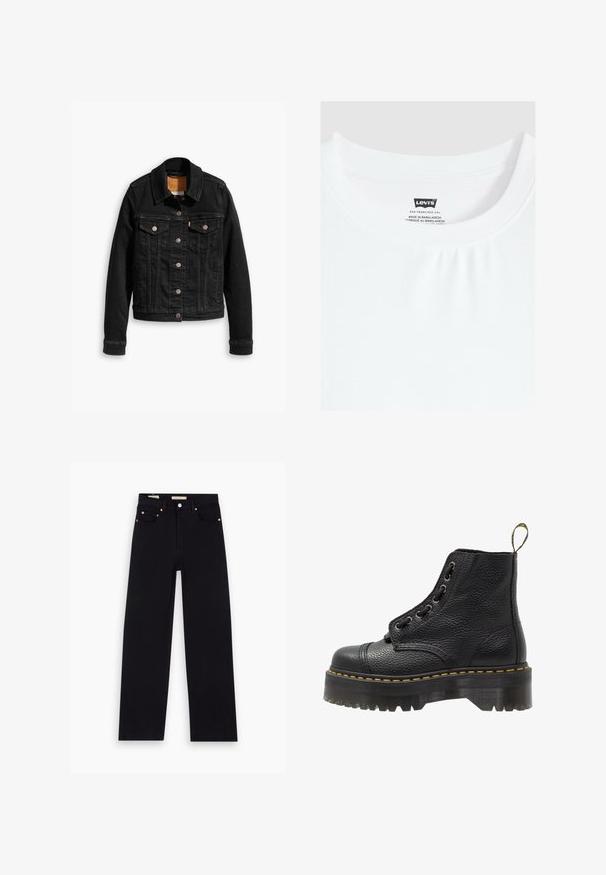 Zwarte denimjack met twee voorzakken op de borst, zilveren knoopsluitingen en een klassieke kraag. Soepele textuur met contrasterende stikdetails.; Wit t-shirt met ronde hals met het Levi's merkje aan de binnenkant van de kraag genaaid, gemaakt in Bangladesh.; Zwarte denim jeans met een recht model, vijf zakken, koperen hardware en een gladde textuur. Twee labels zichtbaar op de tailleband.; Zwarte leren enkelboot met een gestructureerd oppervlak, ronde neus, vetersluiting, gele stiksels en een dikke, geribbelde zwarte plateauzool.
