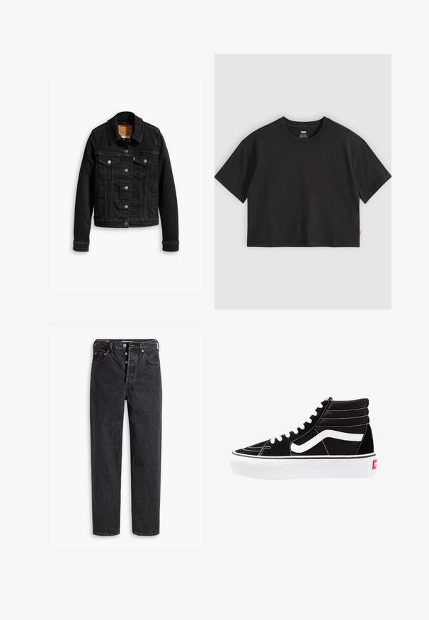 Zwarte denimjack met twee voorzakken op de borst, zilveren knoopsluitingen en een klassieke kraag. Soepele textuur met contrasterende stikdetails.; Zwarte cropped T-shirt met korte mouwen en ronde hals en een klein rood Levi's-label op de zijnaden, plat gelegd op een lichtgrijze achtergrond.; Zwarte denim jeans met een rechte pijp, voorzien van een knoopsluiting, koperen hardware-accenten en een subtiele textuur. Klassiek vijf-pocket ontwerp.; Zwarte high-top sneakers met witte veters, een wit logo en contrasterende witte stiksels. Heeft een dikke witte zool en een bovenwerk van gestructureerd suede.
