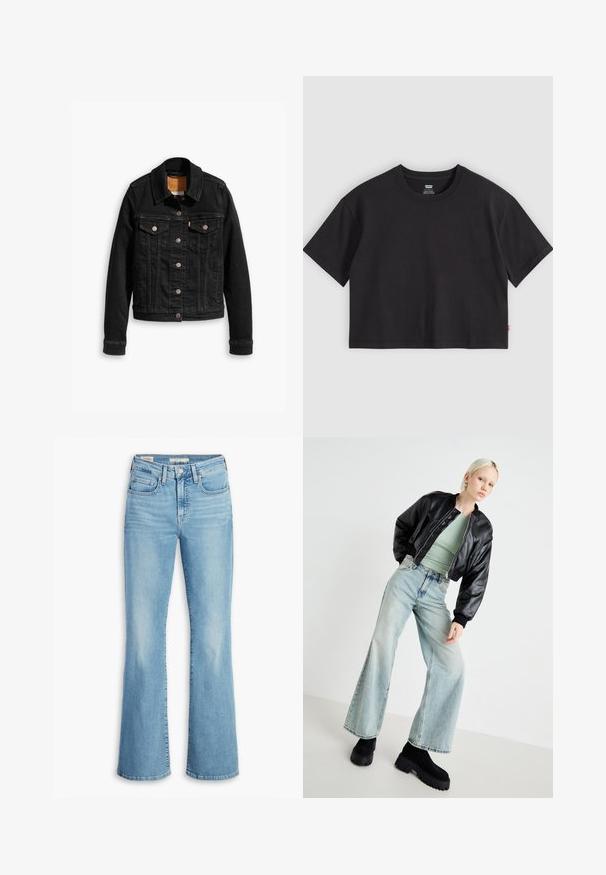 Zwarte denimjack met twee voorzakken op de borst, zilveren knoopsluitingen en een klassieke kraag. Soepele textuur met contrasterende stikdetails.; Zwarte cropped T-shirt met korte mouwen en ronde hals en een klein rood Levi's-label op de zijnaden, plat gelegd op een lichtgrijze achtergrond.; Lichtblauwe denim flared jeans met een hoge taille, vijf zakken, subtiele kreukjes en een klassieke gestikte zoom. Soepele textuur, casual ontwerp.; Zwarte leren bomberjack, lichtgroene fitted top, lichtblauwe wijdvallende jeans en chunky zwarte platformlaarzen. Gladde texturen en contrasterende kleuren.