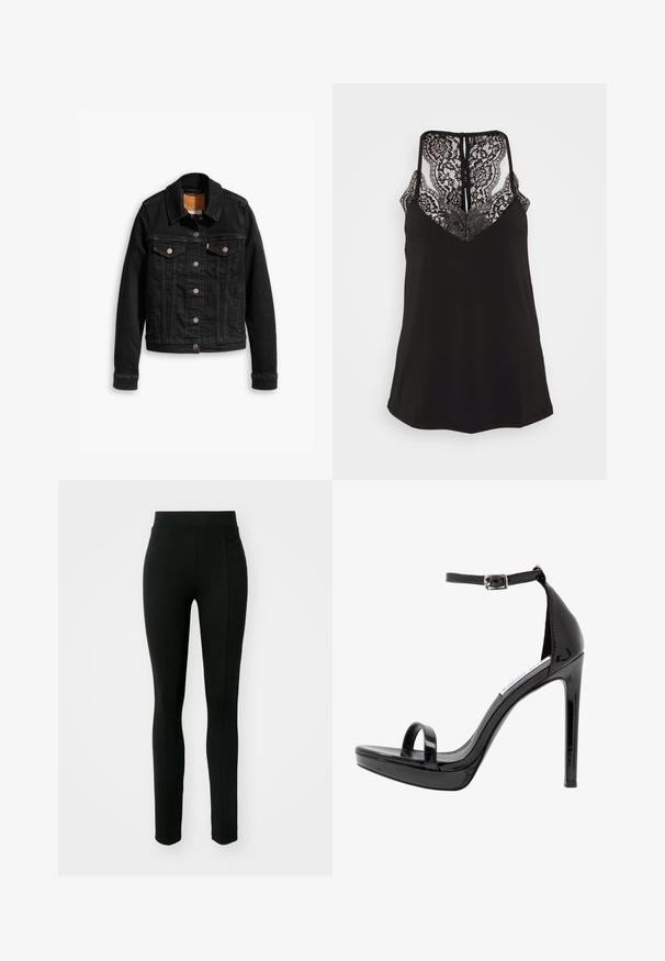 Veste en denim noir avec deux poches poitrine à l'avant, fermetures à boutons argentés et col classique. Texture lisse avec des détails de couture contrastants.; Camisole noire avec des détails en dentelle au niveau du décolleté en V et du dos. Dispose de bretelles ajustables et d'une texture de tissu lisse. Coupe regular.; Leggings noirs en matière extensible, dotés d'une taille haute, d'une coupe slim et de deux poches avant sans coutures visibles.; Steve Madden MILANO - Sandales à talons hauts - black