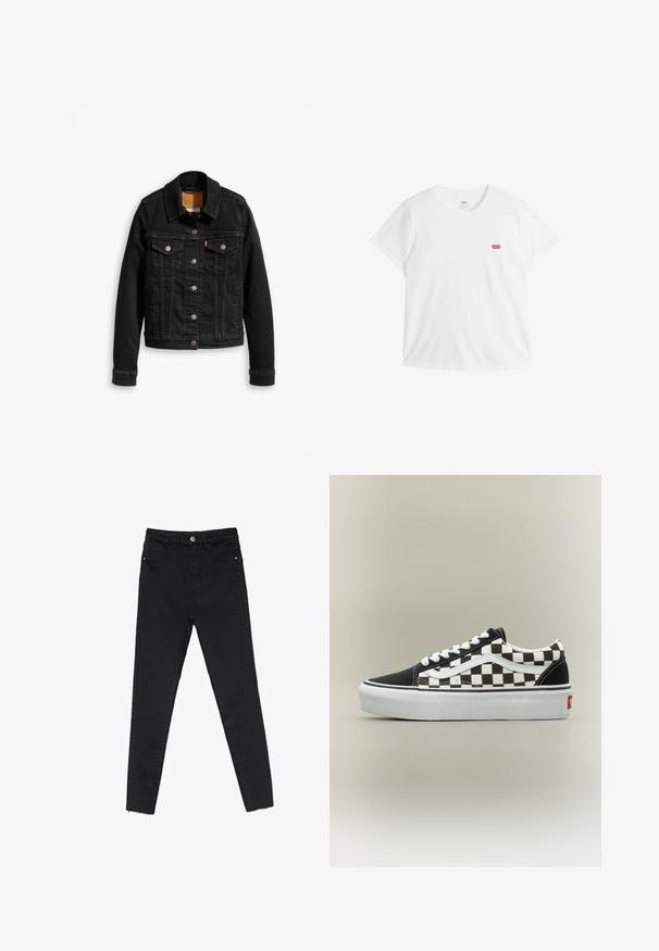 Sort denimjakke med to brystlommer, sølvknap-lukninger og klassisk krave. Glat tekstur med kontrasterende syningsdetaljer.; Hvid bomuld T-shirt med korte ærmer og rund hals. Har en lille rød Levi's-logo på venstre bryst. Glat tekstur.; Sorte skinny jeans lavet af denim, med høj talje, fem-lomme design og rå kant ved anklerne. Klassisk knap- og lynlåslukning.; Klassisk lavtop sneaker med sort-hvid ternet mønster, hvide snørebånd og tyk hvid sål på neutral baggrund.