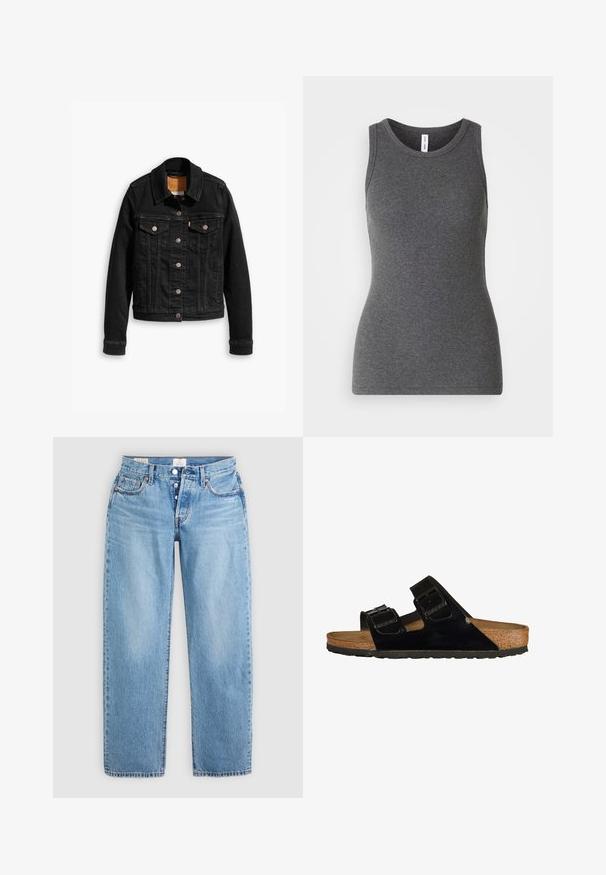 Schwarze Jeansjacke mit zwei Brusttaschen, silbernen Knopfverschlüssen und einem klassischen Kragen. Glatte Textur mit kontrastierenden Nähten.; Grau ärmelloses Tanktop aus geripptem Material; verfügt über einen runden Halsausschnitt und ein figurbetontes Design. Keine Muster oder zusätzlichen Akzente.; Hellblaue Denim-Jeans mit geradem Schnitt, fünf Taschen und einem Knopfverschluss. Merkmale sind gestickte Details und ein sauberer Saum.; Schwarze Lackledersandalen mit zwei verstellbaren Riemen, Korkfußbett und Gummisohle, die eine glatte Struktur und ein minimalistisches Design aufweisen.