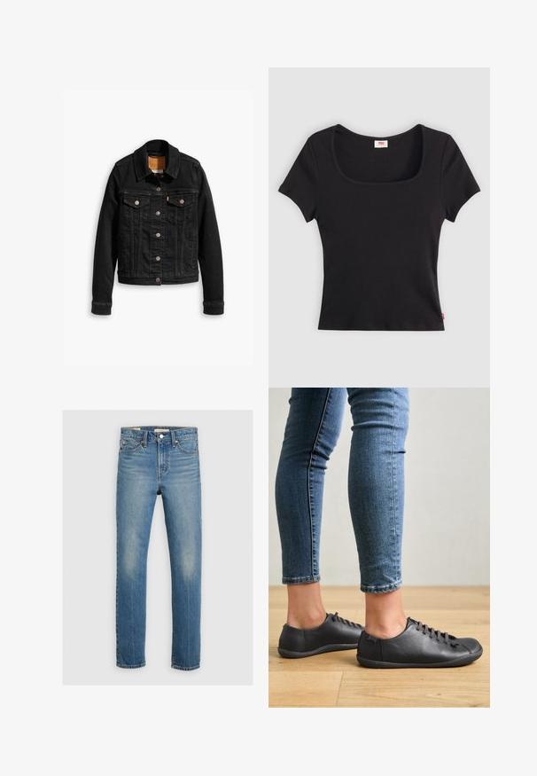 Zwarte denimjack met twee voorzakken op de borst, zilveren knoopsluitingen en een klassieke kraag. Soepele textuur met contrasterende stikdetails.; Zwarte top met korte mouwen van ribstof, met een brede vierkante halslijn en een aansluitende pasvorm, voorzien van een klein rood logo-label aan de onderrand.; Lichtblauwe denim jeans met een rechte snit, subtiele vervaagde accenten en een standaard vijf-pocket ontwerp. Contrasterende stiksels langs de naden.; Zwarte leren schoenen met een ronde neus, lage profiel en vetersluiting. Gecombineerd met blauwe, aansluitende jeans en een houten vloer als achtergrond.