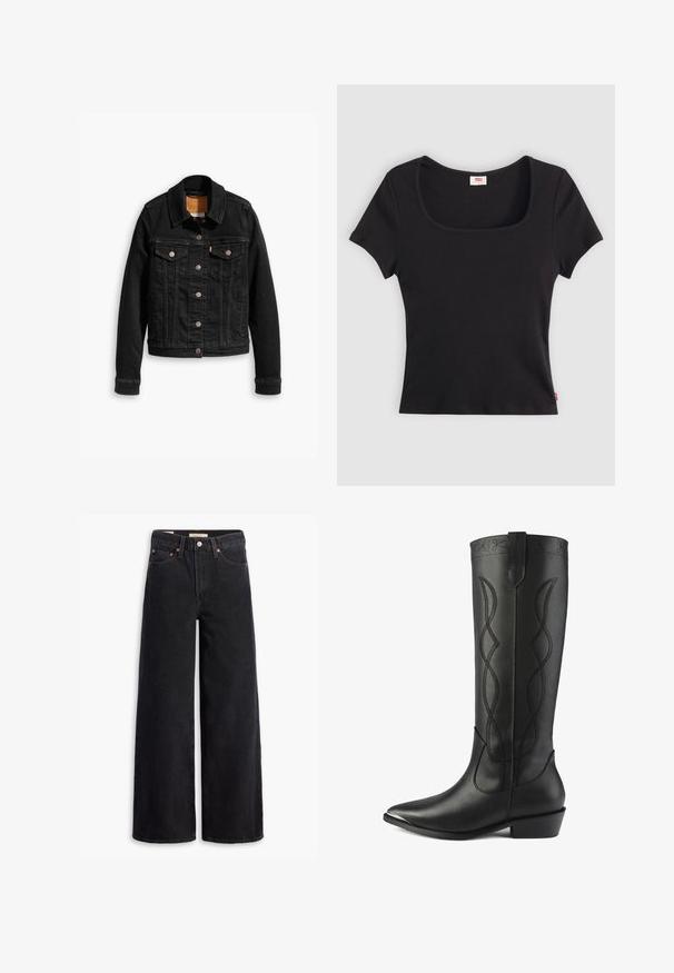 Veste en denim noir avec deux poches poitrine à l'avant, fermetures à boutons argentés et col classique. Texture lisse avec des détails de couture contrastants.; Haut noir à manches courtes en tissu côtelé, avec un décolleté carré large et une coupe ajustée, orné d'une petite étiquette logo rouge au bas.; Jean noir à jambe large en denim, comportant cinq poches, des rivets en laiton et une fermeture à bouton classique. Texture lisse avec un design épuré.; Des bottes noires en cuir hautes présentent un bout pointu, un talon carré et des coutures décoratives avec des lignes entrelacées le long de la tige.