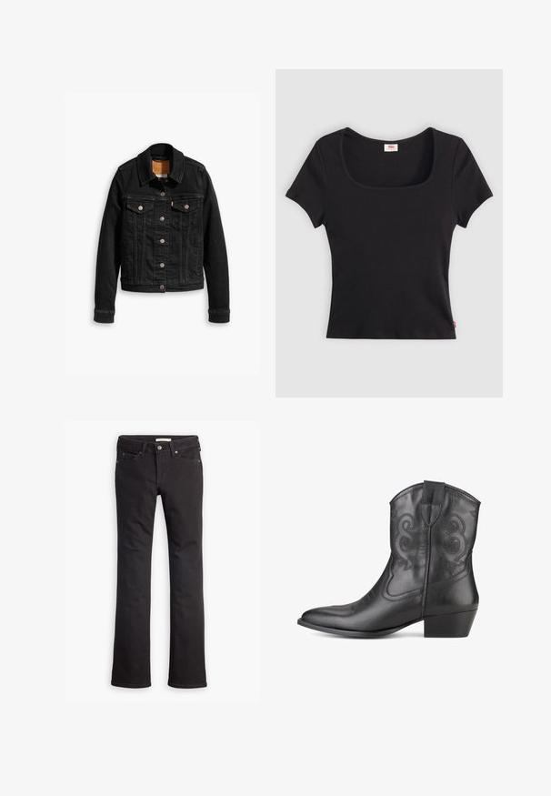 Zwarte denimjack met twee voorzakken op de borst, zilveren knoopsluitingen en een klassieke kraag. Soepele textuur met contrasterende stikdetails.; Zwarte top met korte mouwen van ribstof, met een brede vierkante halslijn en een aansluitende pasvorm, voorzien van een klein rood logo-label aan de onderrand.; Zwarte jeans van denim, met een recht toelopende pijp, standaard taille, vijf zakken en subtiele stiksels.; Zwarte leren cowboylaars met een spitse neus, decoratieve stiksels op de schacht en een gestapelde hak. Glad van structuur en geen zichtbare metallic onderdelen.