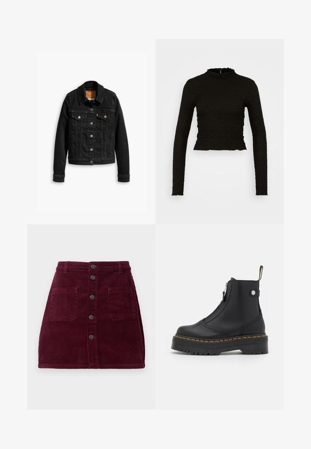 Zwarte denimjack met twee voorzakken op de borst, zilveren knoopsluitingen en een klassieke kraag. Soepele textuur met contrasterende stikdetails.; ONLY ONLLUCA STRUCTURED - Longsleeve - black; Bordeaux corduroy rok met een hoge taille, vijf knopen aan de voorkant en twee zakken aan de voorkant; stoffen met textuur en verticale ribbels.; Zwarte enkellaars van soepel leer, met een zijrits, gele stiknaden en een dikke, gegroefde rubberen zool.