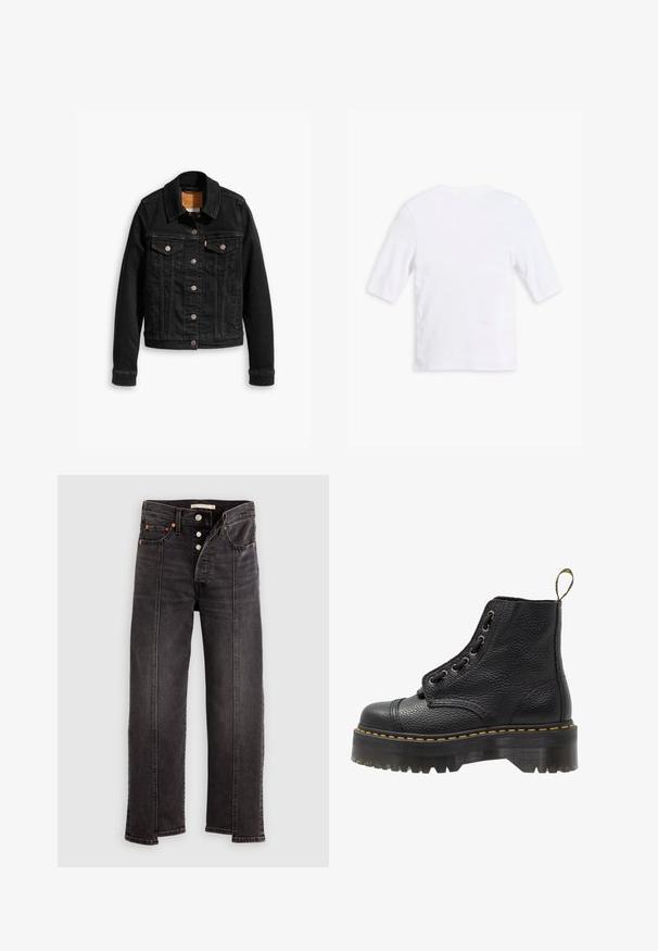 Veste en denim noir avec deux poches poitrine à l'avant, fermetures à boutons argentés et col classique. Texture lisse avec des détails de couture contrastants.; T-shirt en coton blanc avec des manches courtes, un col rond et une texture lisse. Aucun motif ou embellissement visible.; Jean noir taille haute à jambes droites avec fermeture à boutons, poches avant et détail de couture verticale visible le long de chaque jambe.; Bottines en cuir noir avec surface texturée, bout arrondi, lacets, coutures jaunes et une épaisse semelle noire crantée.