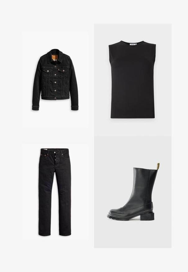 Mustmustest mustkas, millel on kaks esimest rinna taskut, hõbedased nupud ja klassikaline krae. Sujuv tekstuur kontrastsete õmbluste detailidega.; Mustmustata, musta top, mis on valmistatud siledast ja elastsetest materjalidest. Omab ümmargust kaelust ja kehasse sobivat siluetti. Ei sisalda nähtavaid mustreid ega aksessuaare.; Mustad musta denimist valmistatud sirge lõikega teksad, viie taskuga disain ja nööpidekorrus. Omab vaskrõngaid ja õmbluse aktsente.; Must küljelöga mustast nahast mingit tallaga, sile tekstuur, ümar varvas ja kannatab järsk tab, millel on kollane bränding.