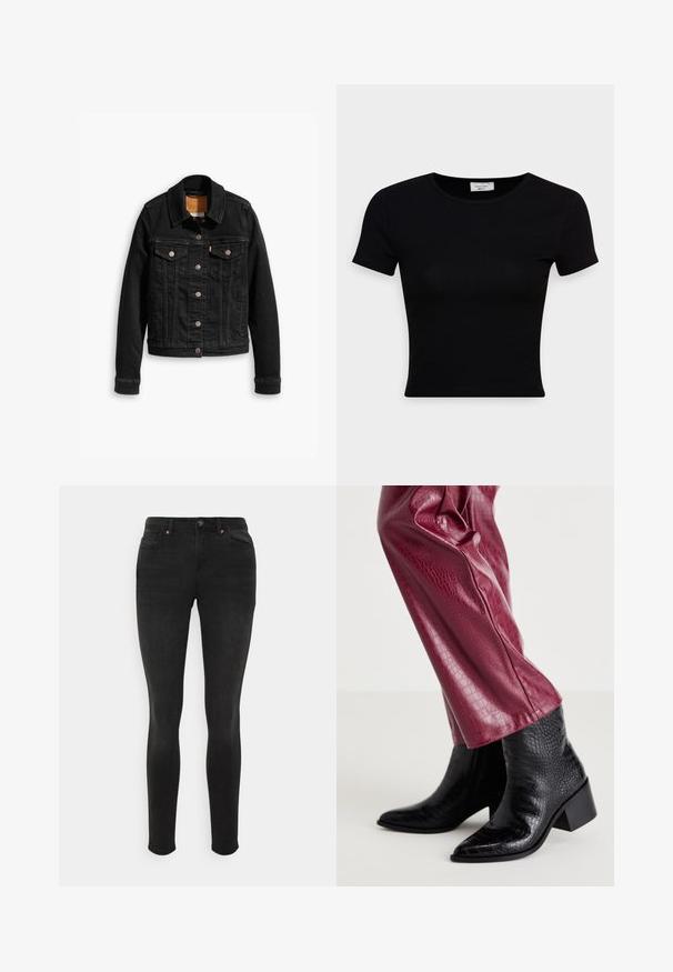 Veste en denim noir avec deux poches poitrine à l'avant, fermetures à boutons argentés et col classique. Texture lisse avec des détails de couture contrastants.; T-shirt noir à manches courtes en coton lisse, avec un col rond et une coupe ajustée. Minimaliste, sans motifs visibles.; Jean skinny noir en denim. Comprend une fermeture à bouton et fermeture éclair, cinq poches, et un léger dégradé avec une texture lisse.; Bottes de cheville en cuir noir texturé avec un bout pointu et un faible talon carré, associées à un pantalon en faux cuir bordeaux ajusté présentant un motif crocodile.