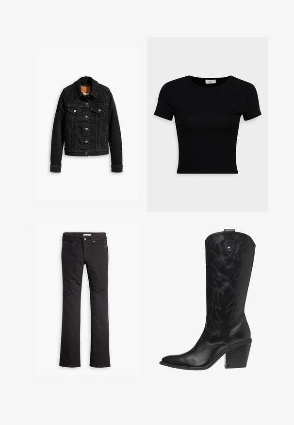 Veste en denim noir avec deux poches poitrine à l'avant, fermetures à boutons argentés et col classique. Texture lisse avec des détails de couture contrastants.; T-shirt noir à manches courtes en coton lisse, avec un col rond et une coupe ajustée. Minimaliste, sans motifs visibles.; Jean noir en denim, avec une coupe droite, taille standard, cinq poches et des détails de couture subtils.; Bottine de cowboy en cuir noir avec un bout pointu, un talon haut et des coutures décoratives en motif d'éclairs le long de la tige.