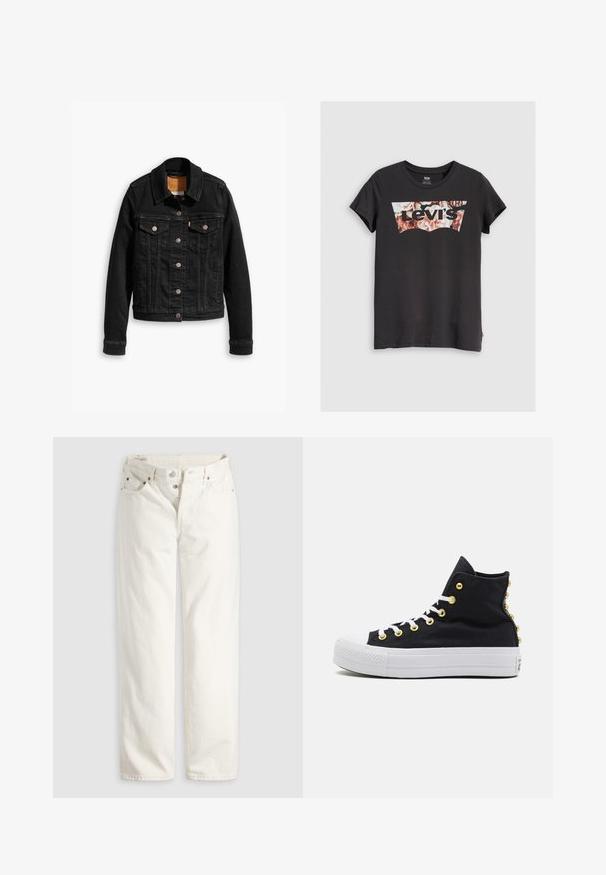 Chaqueta de denim negra con dos bolsillos en el pecho, cierres de botones plateados y un cuello clásico. Textura suave con detalles de costura en contraste.; Camiseta negra de manga corta con un logo de Levi's que presenta un patrón floral en tonos de rosa y marrón dentro del diseño característico.; Vaqueros blancos de talle alto con pierna recta, cremallera de botones, bolsillos delanteros y traseros, y remaches de cobre visibles en las esquinas de los bolsillos.; Zapatillas altas negras con suela blanca, ojales dorados y tachuelas decorativas en la parte trasera. Fabricadas en material de lona con un acabado texturizado.