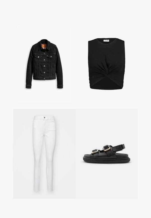 Veste en denim noir avec deux poches poitrine à l'avant, fermetures à boutons argentés et col classique. Texture lisse avec des détails de couture contrastants.; Haut sans manches noir en tissu doux, présentant un détail de nœud torsadé à l'avant et une silhouette ajustée.; Jean skinny blanc en denim, avec une fermeture à bouton sur le devant, cinq poches et une texture lisse sur l'ensemble du tissu.; ALOHAS HARPER - Sandales - black