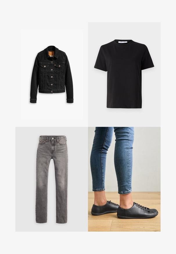 Sort denimjakke med to brystlommer, sølvknap-lukninger og klassisk krave. Glat tekstur med kontrasterende syningsdetaljer.; Sort t-shirt med korte ærmer fremstillet af blødt bomuld, med rund halsudskæring, afslappet pasform og en glat overflade. Ingen synlige mønstre eller grafik.; Herre slim-fit gråvaskede jeans med fem lommer, bæltestropper og knaplukning, lagt fladt på en hvid baggrund.; Sorte lædersko med rund tå, lav profil og snørebåndsdesign. Kombineret med blå, tætsiddende jeans og en baggrund af trægulv.