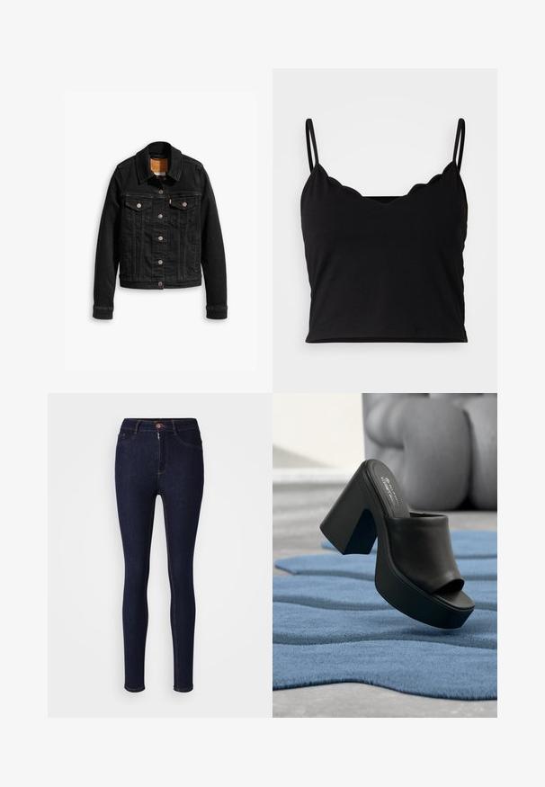 Mustmustest mustkas, millel on kaks esimest rinna taskut, hõbedased nupud ja klassikaline krae. Sujuv tekstuur kontrastsete õmbluste detailidega.; Even&Odd by Zalando Topp - black; Tumedad sinised skinny teksad, mis on valmistatud denimist, varustatud tõmblukuga ja nööbiga sulgemisega, kontrastõmblustega õmbluste juures.; Must platvormiga kõrge kontsaga avatud varbaga mule-kinga lebab sinisel tekstureeritud vaibal, taustal ähmased hallid mööbliesemed.