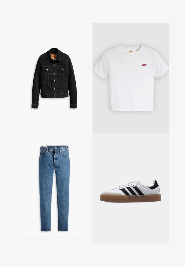 Zwarte denimjack met twee voorzakken op de borst, zilveren knoopsluitingen en een klassieke kraag. Soepele textuur met contrasterende stikdetails.; Witte T-shirt met korte mouwen en ronde hals met klein rood Levi's-logo op de linkerborst.; Lichtblauwe spijkerbroek met een rechte snit, vijf zakken en een standaard knoopsluiting. Heeft oranje stiksels en een licht vervaagde textuur.; Witte leren sneakers met zwarte strepen, gumrubberen buitenzool, ronde neus, vetersluiting en een zachte grijze suède neuskap.