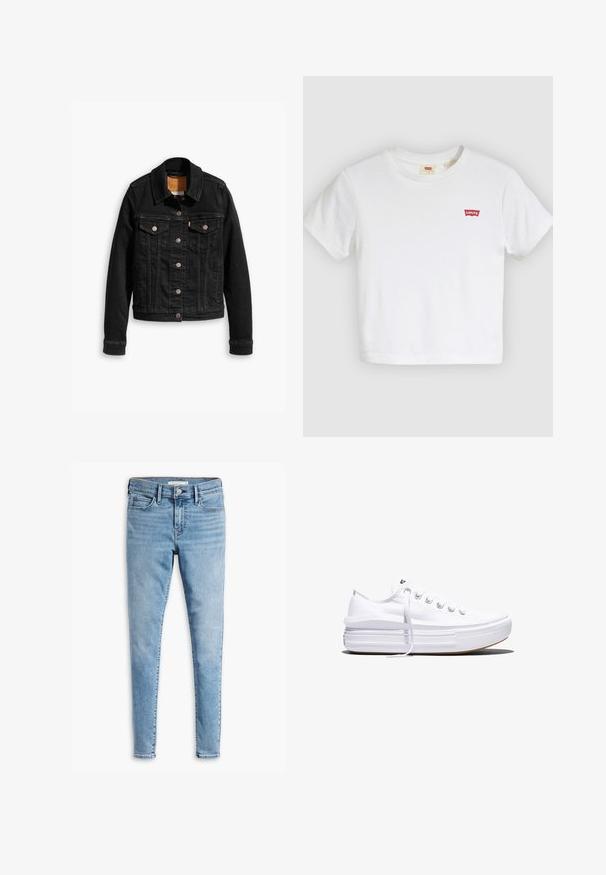 Schwarze Jeansjacke mit zwei Brusttaschen, silbernen Knopfverschlüssen und einem klassischen Kragen. Glatte Textur mit kontrastierenden Nähten.; Weißes T-Shirt mit kurzen Ärmeln und Rundhalsausschnitt mit kleinem rotem Levi's-Logo auf der linken Brust.; Hellblaue superenge Jeans mit Knopf- und Reißverschluss vorne, Gürtelschlaufen und Design mit fünf Taschen.; Weißer Canvas-Sneaker mit niedrigem Schnitt, dicker Plateau-Sohle, vorderer Schnürung und rauer Gummikappe an der Spitze, aus seitlicher Ansicht gezeigt.