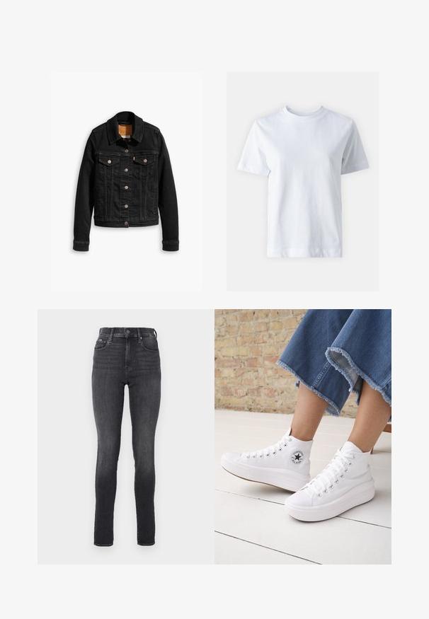 Sort denimjakke med to brystlommer, sølvknap-lukninger og klassisk krave. Glat tekstur med kontrasterende syningsdetaljer.; Hvid bomulds t-shirt med rund halsudskæring, korte ærmer, lige snit og glat tekstur. Ingen mønstre eller dekorationer.; Højtsiddende skinny jeans i mørkegrå denim, glat tekstur, med forlommer og metalknaplukning ved taljen.; Person iført hvide høje Converse-sneakers med tykke såler og beskårne blå jeans med flossede kanter mod en murstensvæg og hvidt gulv.