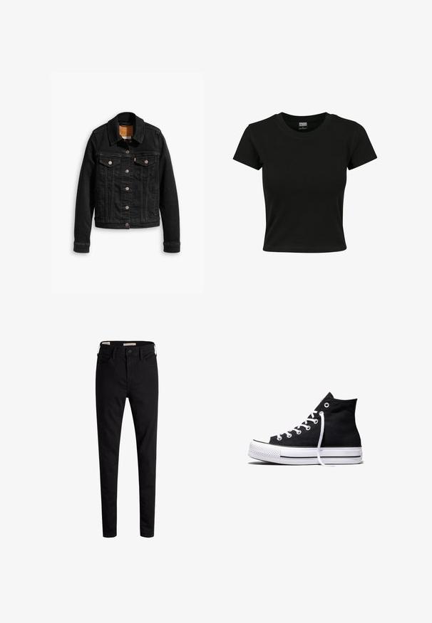 Zwarte denimjack met twee voorzakken op de borst, zilveren knoopsluitingen en een klassieke kraag. Soepele textuur met contrasterende stikdetails.; Zwarte kortekorte mouw t-shirt van gladde katoenen stof, met een ronde halslijn en een getailleerde pasvorm. Geen zichtbare patronen of accenten.; Zwarte high-rise skinny jeans met een knoop aan de voorkant en zakken, weergegeven op een witte achtergrond.; Zwarte hooggesloten canvas sneaker met witte rubberen zool en witte veters, zijwaarts weergegeven op een witte achtergrond.
