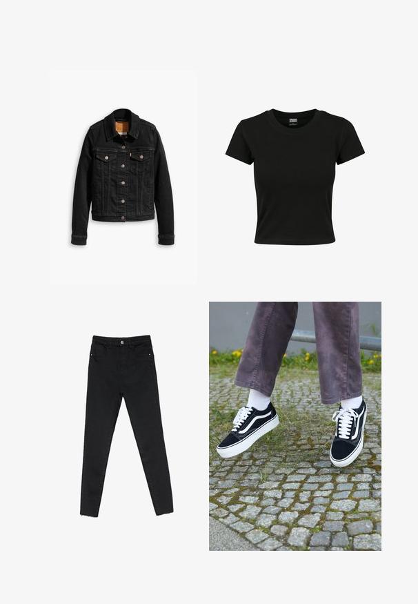 Sort denimjakke med to brystlommer, sølvknap-lukninger og klassisk krave. Glat tekstur med kontrasterende syningsdetaljer.; Sort kortærmet t-shirt lavet af glat bomuldsstof, med rund halsudskæring og en tætsiddende pasform. Ingen synlige mønstre eller accenter.; Sorte skinny jeans lavet af denim, med høj talje, fem-lomme design og rå kant ved anklerne. Klassisk knap- og lynlåslukning.; Sorte ruskinds sneakers med hvide accenter, med rund tå, tyk hvid sål og klassisk snørebåndsdesign, båret med hvide sokker og lilla bukser.