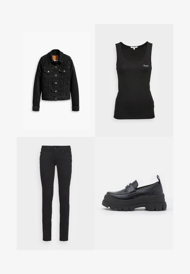 Sort denimjakke med to brystlommer, sølvknap-lukninger og klassisk krave. Glat tekstur med kontrasterende syningsdetaljer.; Sort ribbet tanktop med scoop halsudskæring og hvidt logoaccent på brystet. Stoffet er glat med en tætsiddende silhuet.; Sorte slim-fit jeans lavet af bomuld med forlommer og lynlåsdetalje. Glat tekstur og standard fem-lomme design.; Sort læderloafer med tyk rillede sål, mok tå syning, remdetalje over toppen og trækstrop på hælen, vist i sideprofil.