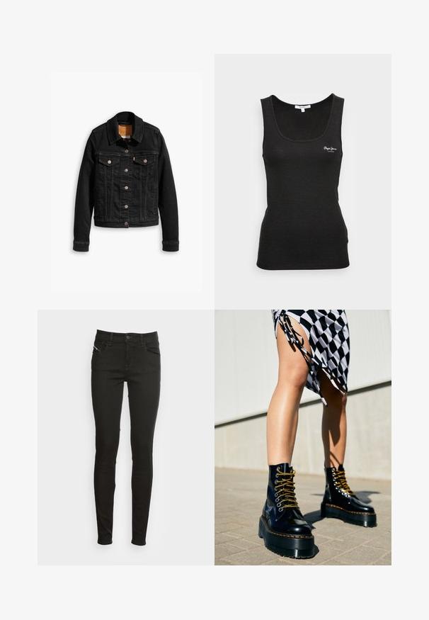 Sort denimjakke med to brystlommer, sølvknap-lukninger og klassisk krave. Glat tekstur med kontrasterende syningsdetaljer.; Sort ribbet tanktop med scoop halsudskæring og hvidt logoaccent på brystet. Stoffet er glat med en tætsiddende silhuet.; Sorte slim-fit jeans med frontlommer, bæltestropper, knaplukning og lynlås, præsenteret mod en hvid baggrund.; Sorte læder platform støvler med chunky såler, guld snørebånd og orange syninger, kombineret med en ternet nederdel med en sideslids.