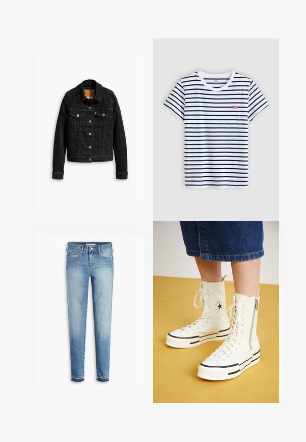 Sort denimjakke med to brystlommer, sølvknap-lukninger og klassisk krave. Glat tekstur med kontrasterende syningsdetaljer.; Hvid t-shirt med korte ærmer og marineblå vandrette striber, rund halsudskæring og et lille rødt Levi's-logo på venstre bryst. Blødt bomuldsmateriale.; Lyseblå denim jeans med slim fit, fem-lommes design, kontrastsyet og let slidte kanter ved anklerne.; Hvide høj-top sneakers med lynlåslukning, snørresystem og sorte striber på en tyk sål. Tekstureret kanvasmateriale.