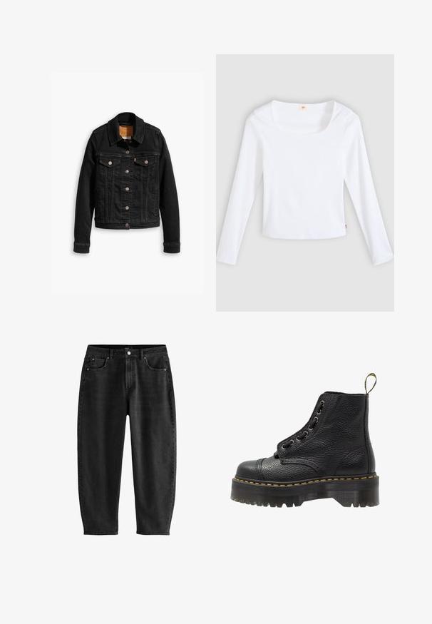 Sort denimjakke med to brystlommer, sølvknap-lukninger og klassisk krave. Glat tekstur med kontrasterende syningsdetaljer.; Hvid langærmet t-shirt lavet af ribstrikket stof, med firkantet halsudskæring og tætsiddende design, med en lille logotag i siden.; Sorte denim jeans med en afslappet pasform, der har et klassisk fem-lomme design, en knaplukning og subtile syningsdetaljer.; Sorte læder ankelstøvler med tekstureret overflade, rund tå, snørebåndsdesign, gule stikninger og en tyk, rillet sort platformsål.