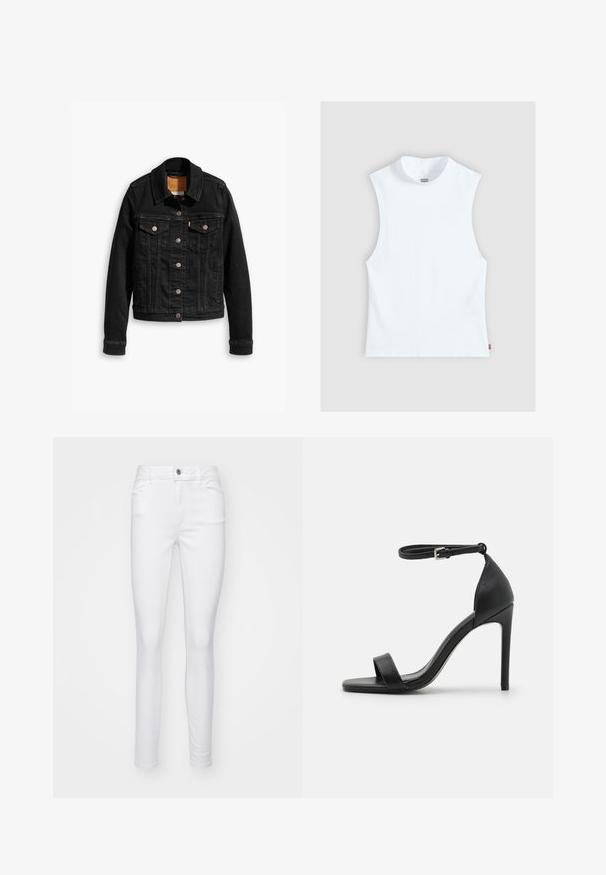 Schwarze Jeansjacke mit zwei Brusttaschen, silbernen Knopfverschlüssen und einem klassischen Kragen. Glatte Textur mit kontrastierenden Nähten.; Weißes ärmelloses Baumwolltop mit hohem Rundhalsausschnitt und kleinem Levi's-Label an der Seite, auf hellgrauem Hintergrund dargestellt.; Weiße, schmale Jeans aus Jeansstoff, mit einem Vorderknopfverschluss, fünf Taschen und einer glatten Textur des Stoffes.; Schwarze hochhackige Sandale mit elegantem Design, featuring einem Knöchelriemen, offener Zehenpartie und glattem Lederfinish.